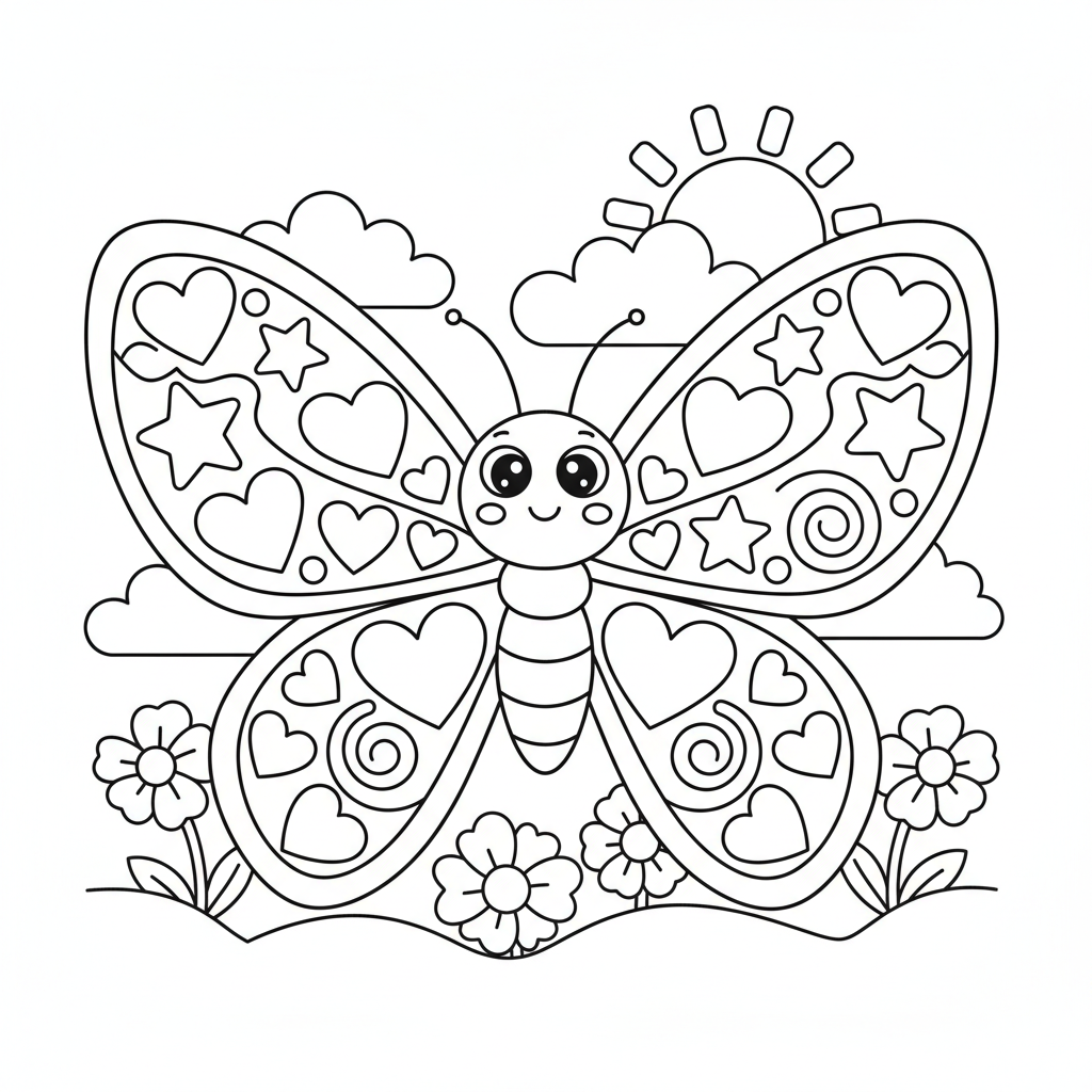 Butterfly coloring page showing one big friendly butterfly with wings full of hearts, stars and swirls to color