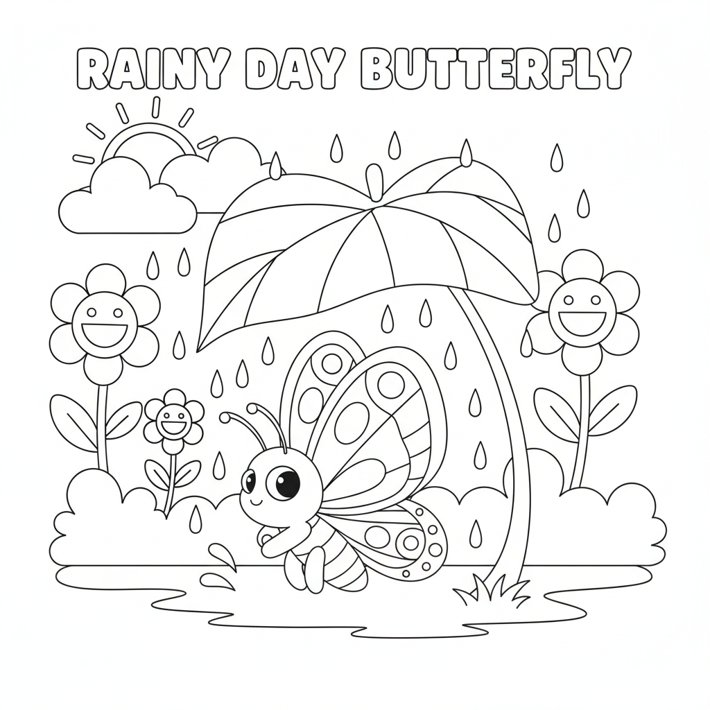 Butterfly coloring page showing a butterfly sheltering under a leaf umbrella in gentle rain