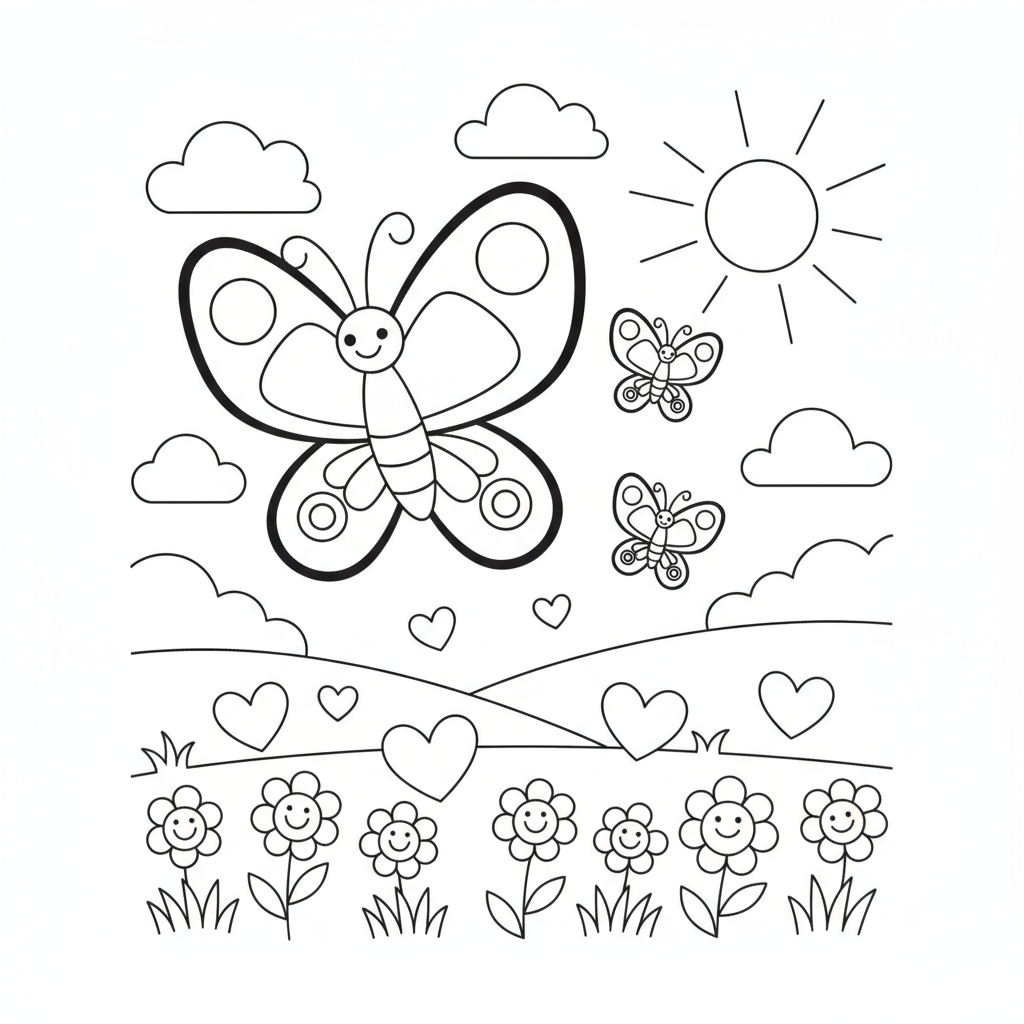 Butterfly coloring page showing a butterfly family flying over a meadow of hearts and flowers