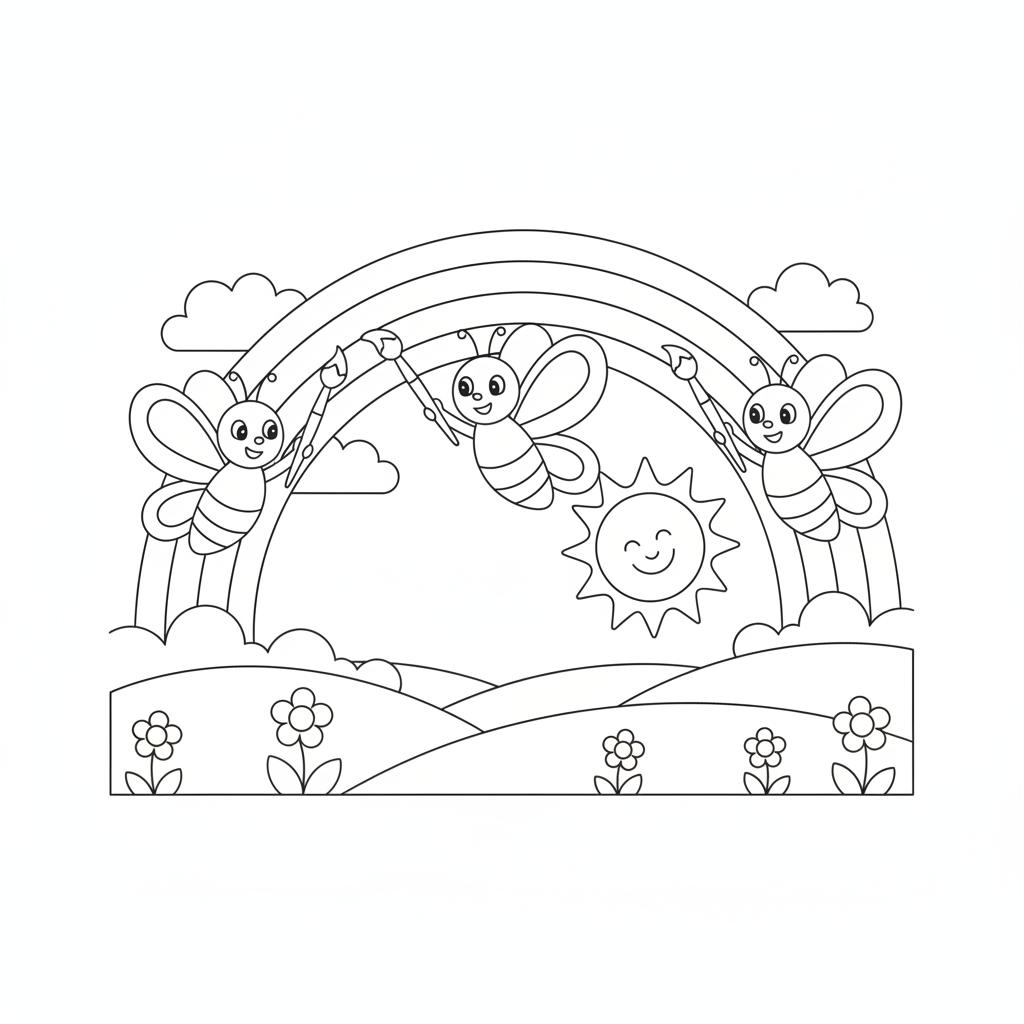 Butterfly coloring page showing butterflies painting a rainbow across the sky with tiny paintbrushes