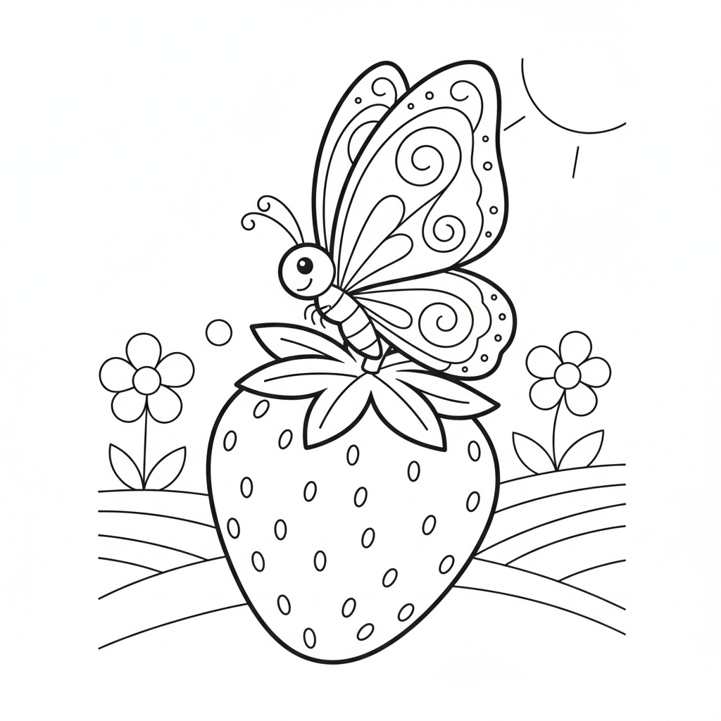 Butterfly coloring page showing a butterfly with big swirly wings resting on a giant strawberry