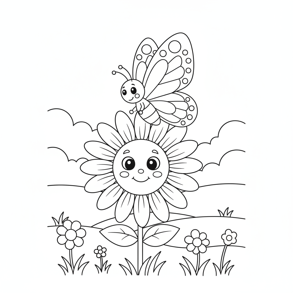 Butterfly coloring page showing a butterfly landing on a big smiling sunflower