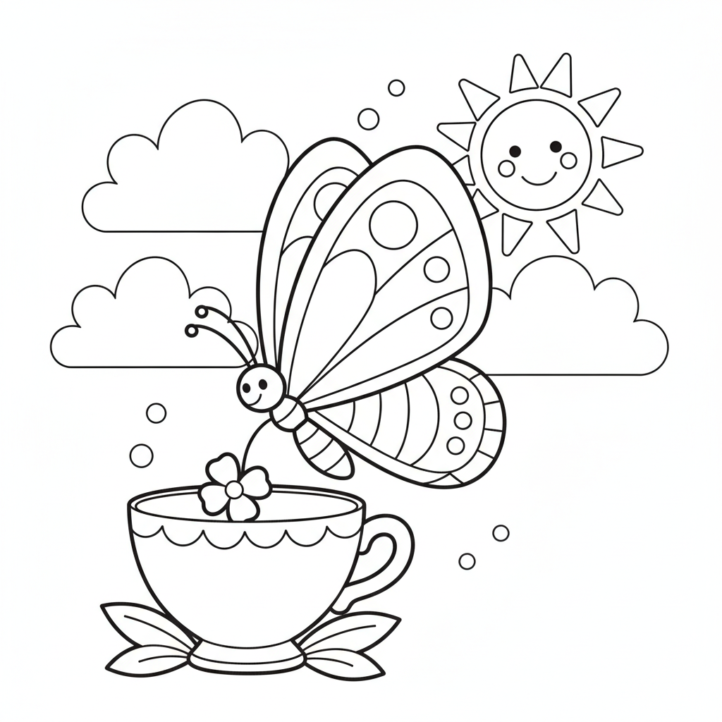 Butterfly coloring page showing a butterfly sipping from a teacup-shaped flower