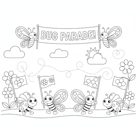 Butterfly coloring page: a butterfly parade with ladybugs and bees carrying flags