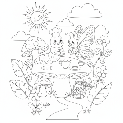 Butterfly coloring page: a caterpillar and a butterfly having a picnic together on a mushroom table