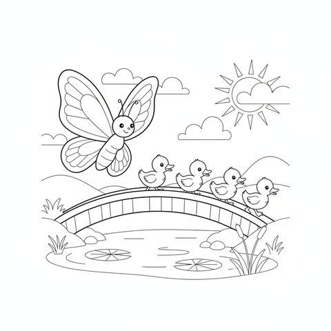 Butterfly coloring page: a butterfly leading a line of baby ducklings across a little pond bridge