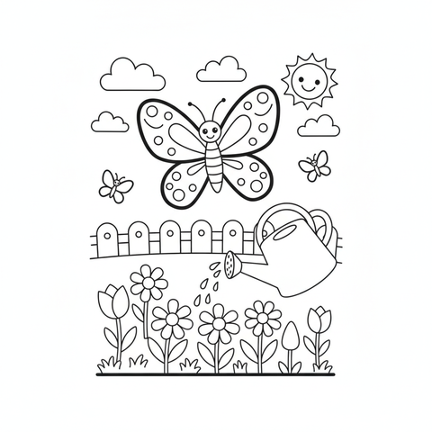 Butterfly coloring page: a butterfly garden with a watering can, daisies and tulips