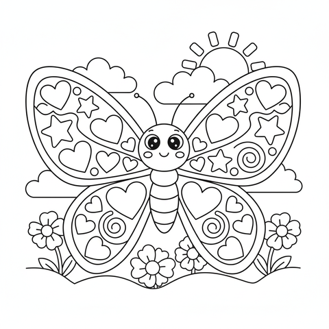 Butterfly coloring page: one big friendly butterfly with wings full of hearts, stars and swirls to color