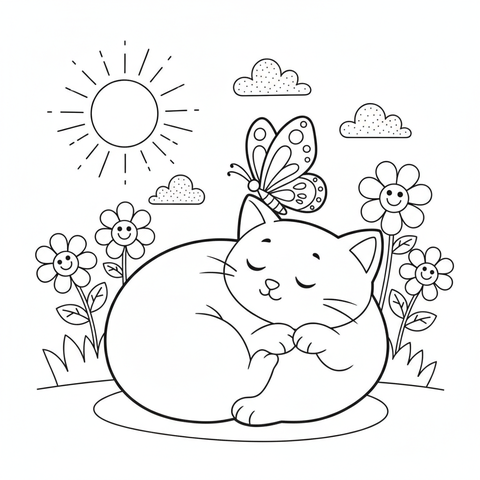 Butterfly coloring page: a butterfly gently resting on a sleeping kitten's nose