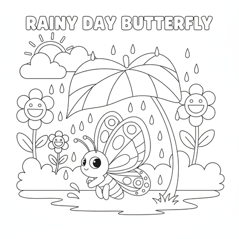 Butterfly coloring page: a butterfly sheltering under a leaf umbrella in gentle rain