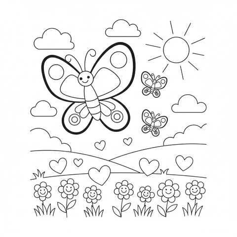Butterfly coloring page: a butterfly family flying over a meadow of hearts and flowers