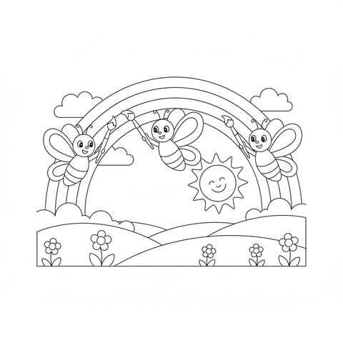 Butterfly coloring page: butterflies painting a rainbow across the sky with tiny paintbrushes