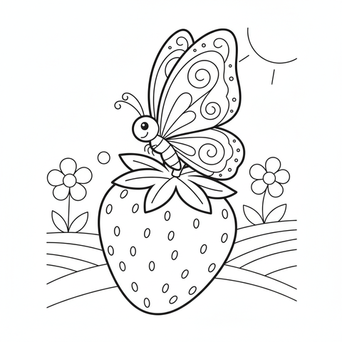 Butterfly coloring page: a butterfly with big swirly wings resting on a giant strawberry