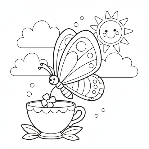 Butterfly coloring page: a butterfly sipping from a teacup-shaped flower