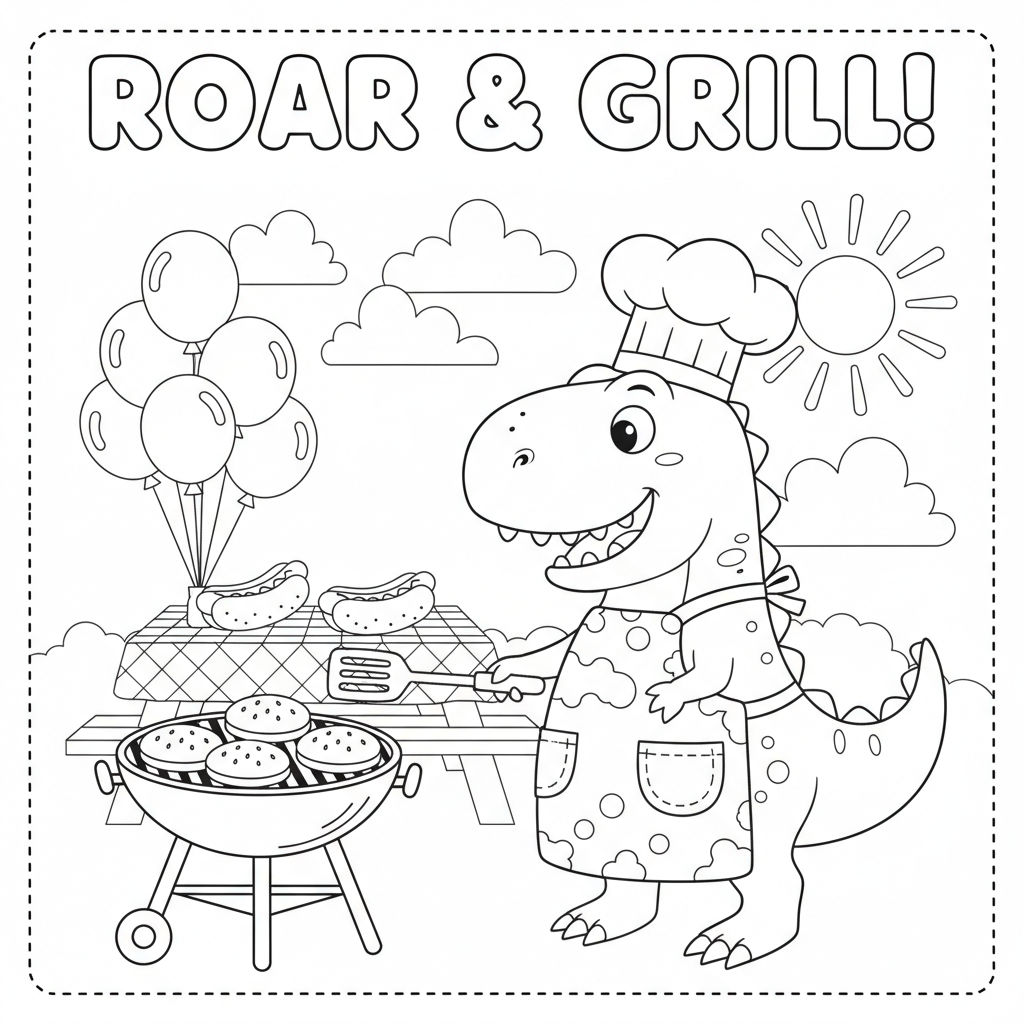 Dinosaur coloring page showing a friendly t-rex chef flipping burgers at a backyard barbecue