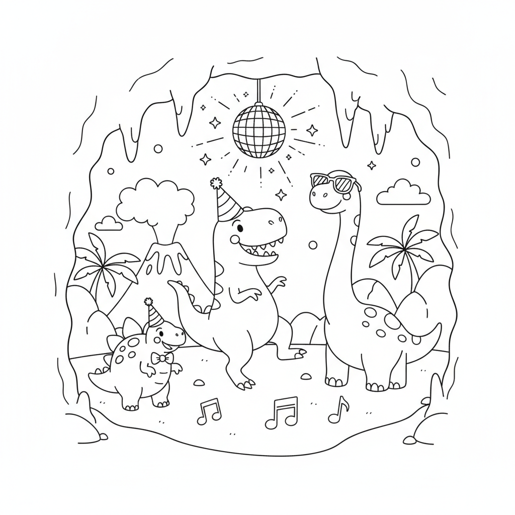 Dinosaur coloring page showing a dinosaur dance party in a cave with a disco ball