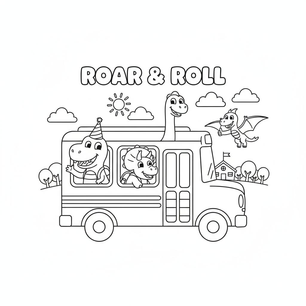 Dinosaur coloring page showing a school bus full of happy dinosaurs looking out the windows