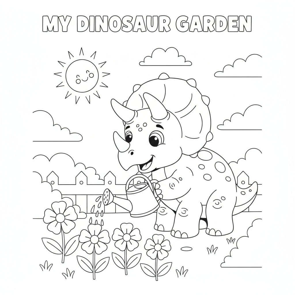 Dinosaur coloring page showing a triceratops watering flowers in a garden with a watering can
