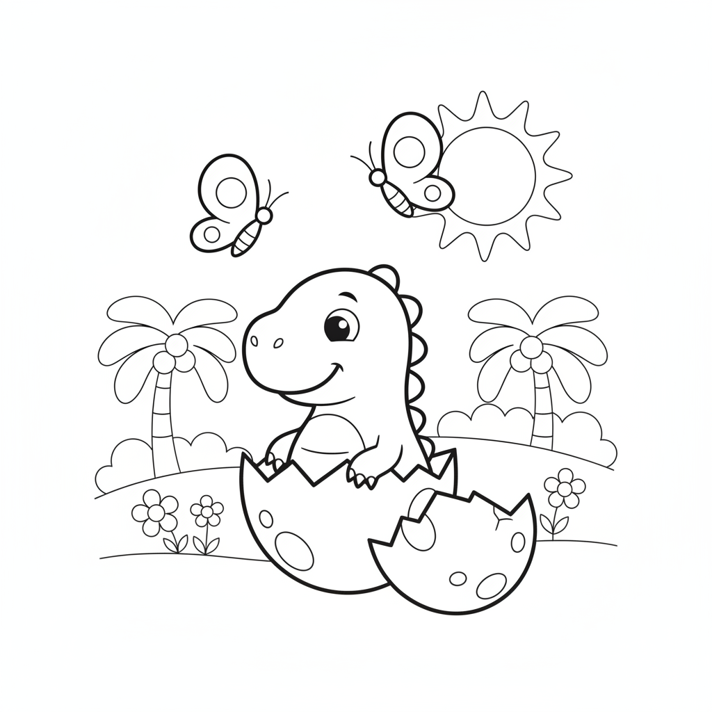 Dinosaur coloring page showing a baby dinosaur hatching from an egg while butterflies watch