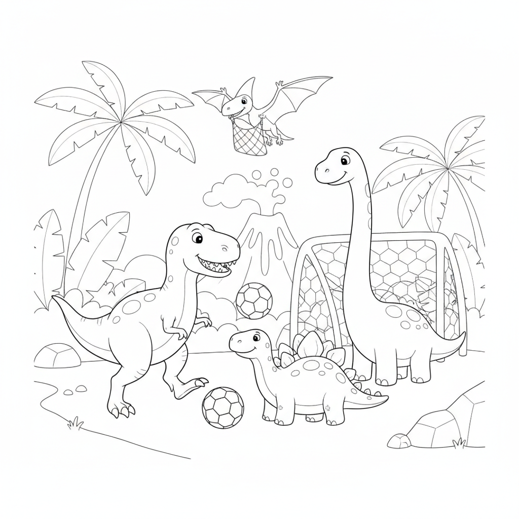 Dinosaur coloring page showing dinosaurs playing soccer in a jungle clearing