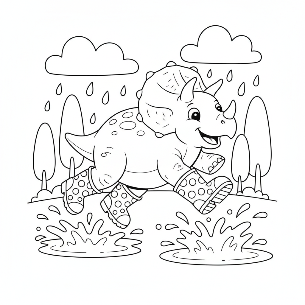 Dinosaur coloring page showing a triceratops wearing rain boots jumping in mud puddles