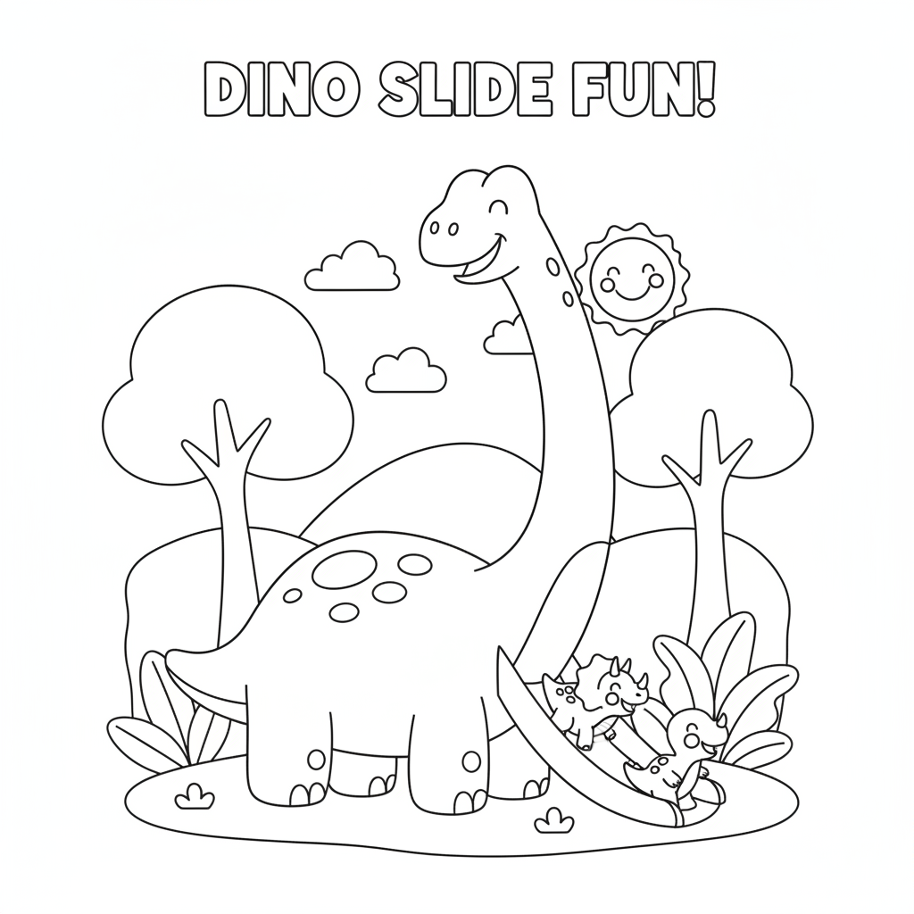 Dinosaur coloring page showing a brontosaurus giving little dinosaurs a slide ride down its long neck