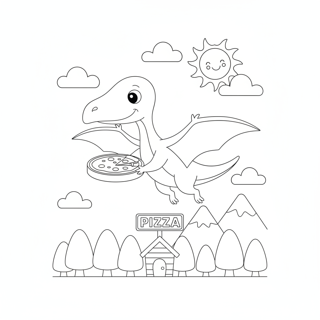 Dinosaur coloring page showing a pterodactyl delivering a pizza over the treetops