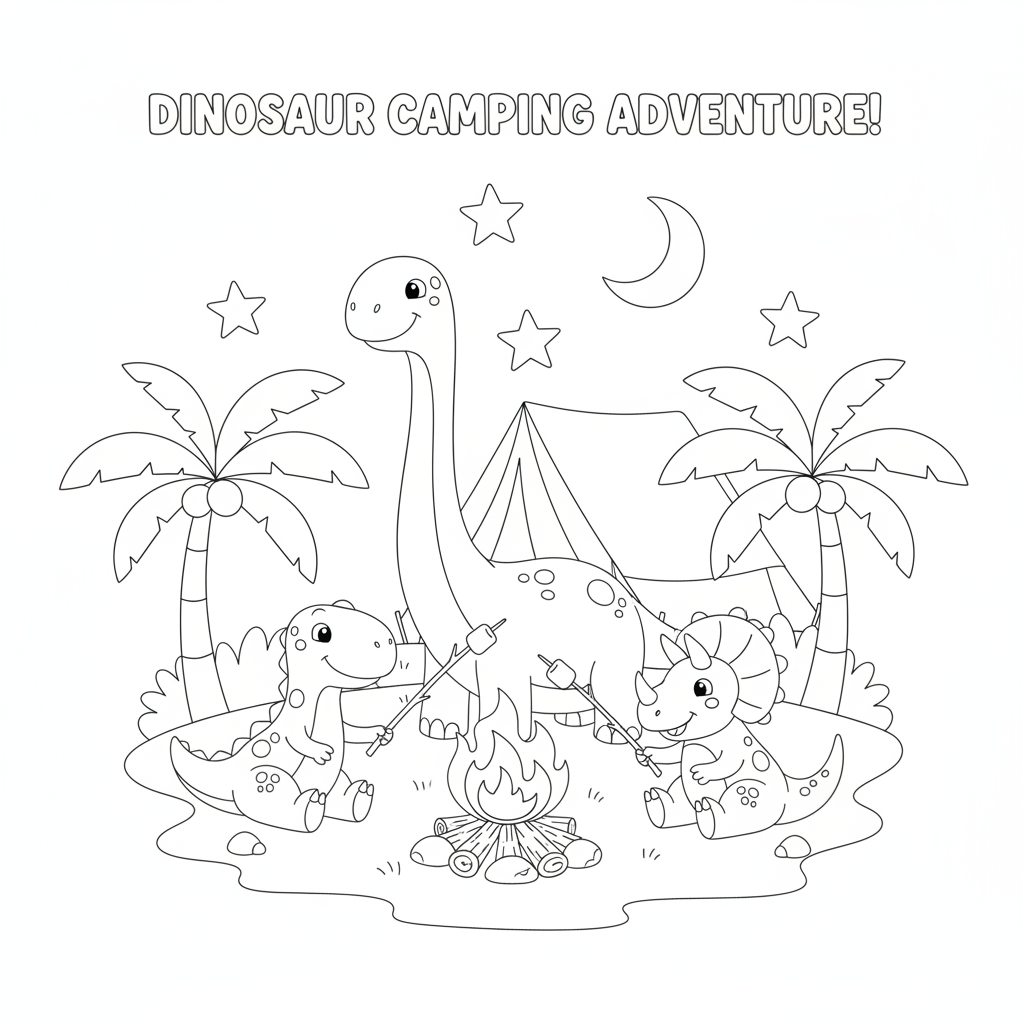 Dinosaur coloring page showing dinosaurs camping under the stars and roasting marshmallows
