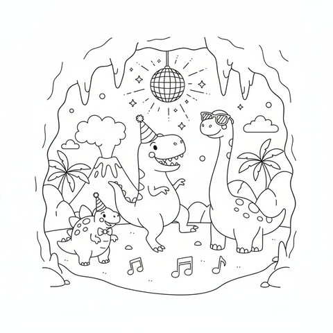 Dinosaur coloring page: a dinosaur dance party in a cave with a disco ball