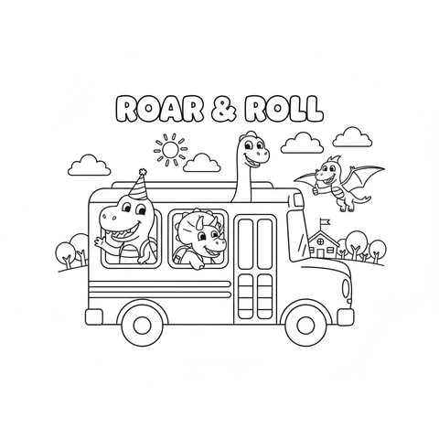 Dinosaur coloring page: a school bus full of happy dinosaurs looking out the windows