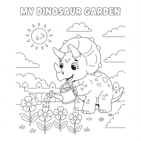 Dinosaur coloring page: a triceratops watering flowers in a garden with a watering can