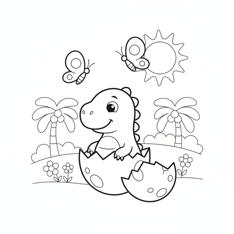 Dinosaur coloring page: a baby dinosaur hatching from an egg while butterflies watch
