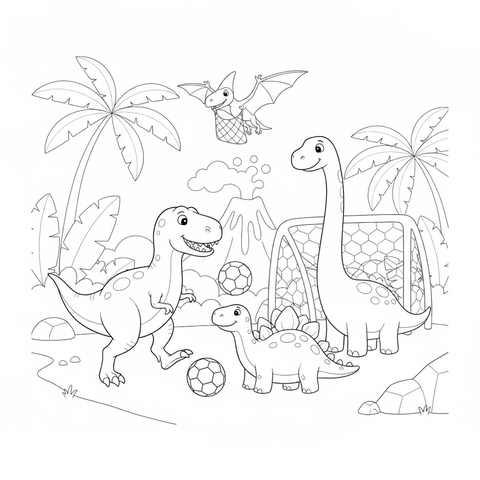 Dinosaur coloring page: dinosaurs playing soccer in a jungle clearing