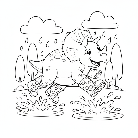 Dinosaur coloring page: a triceratops wearing rain boots jumping in mud puddles