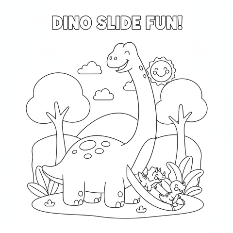 Dinosaur coloring page: a brontosaurus giving little dinosaurs a slide ride down its long neck