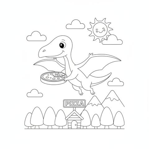 Dinosaur coloring page: a pterodactyl delivering a pizza over the treetops