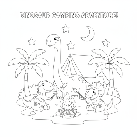 Dinosaur coloring page: dinosaurs camping under the stars and roasting marshmallows