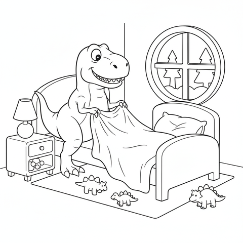 Dinosaur coloring page: a t-rex trying to make its bed with its tiny arms
