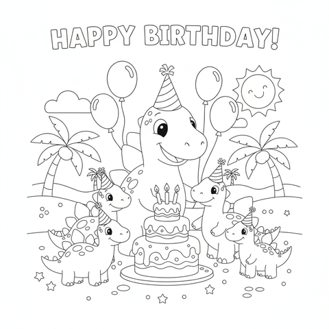 Dinosaur coloring page: a stegosaurus birthday party with a volcano-shaped cake