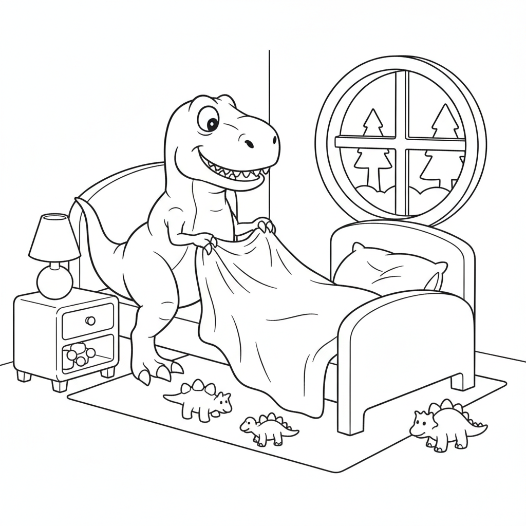 Dinosaur coloring page showing a t-rex trying to make its bed with its tiny arms