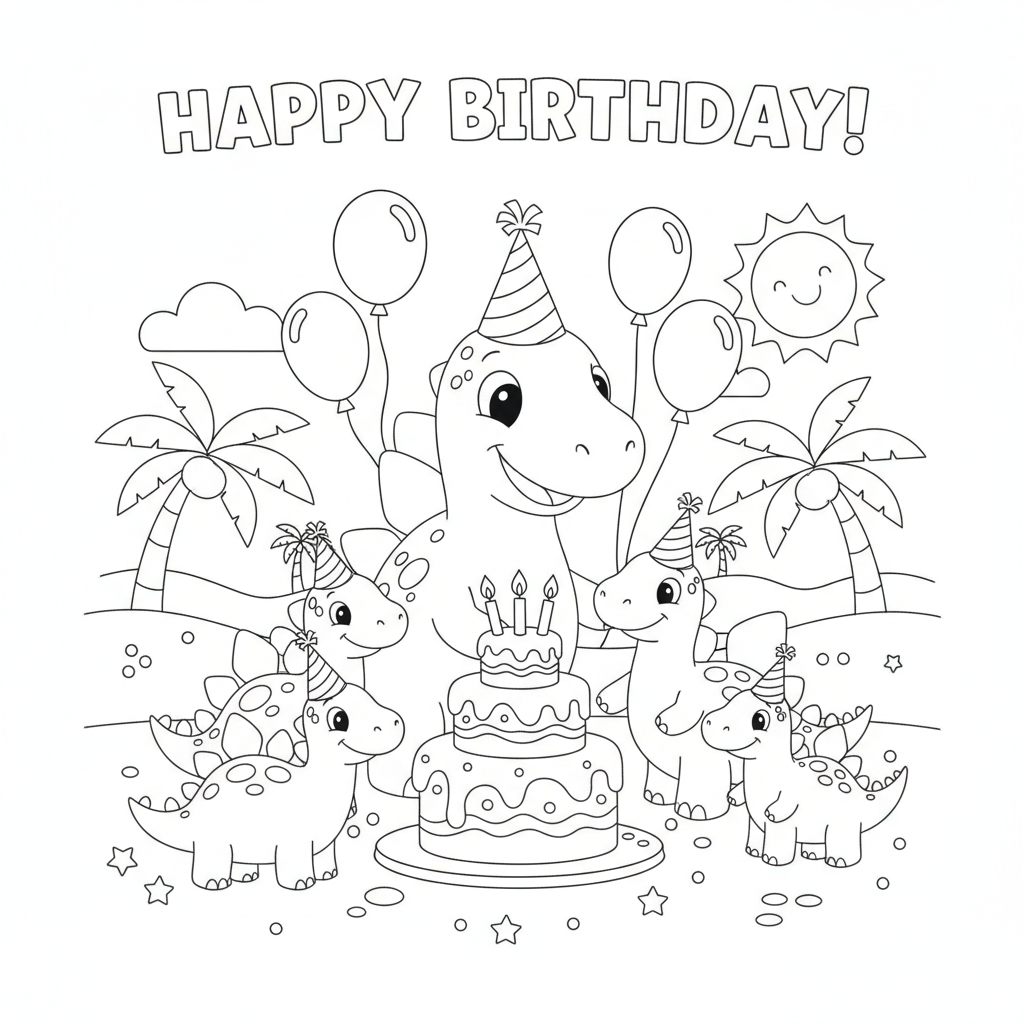Dinosaur coloring page showing a stegosaurus birthday party with a volcano-shaped cake