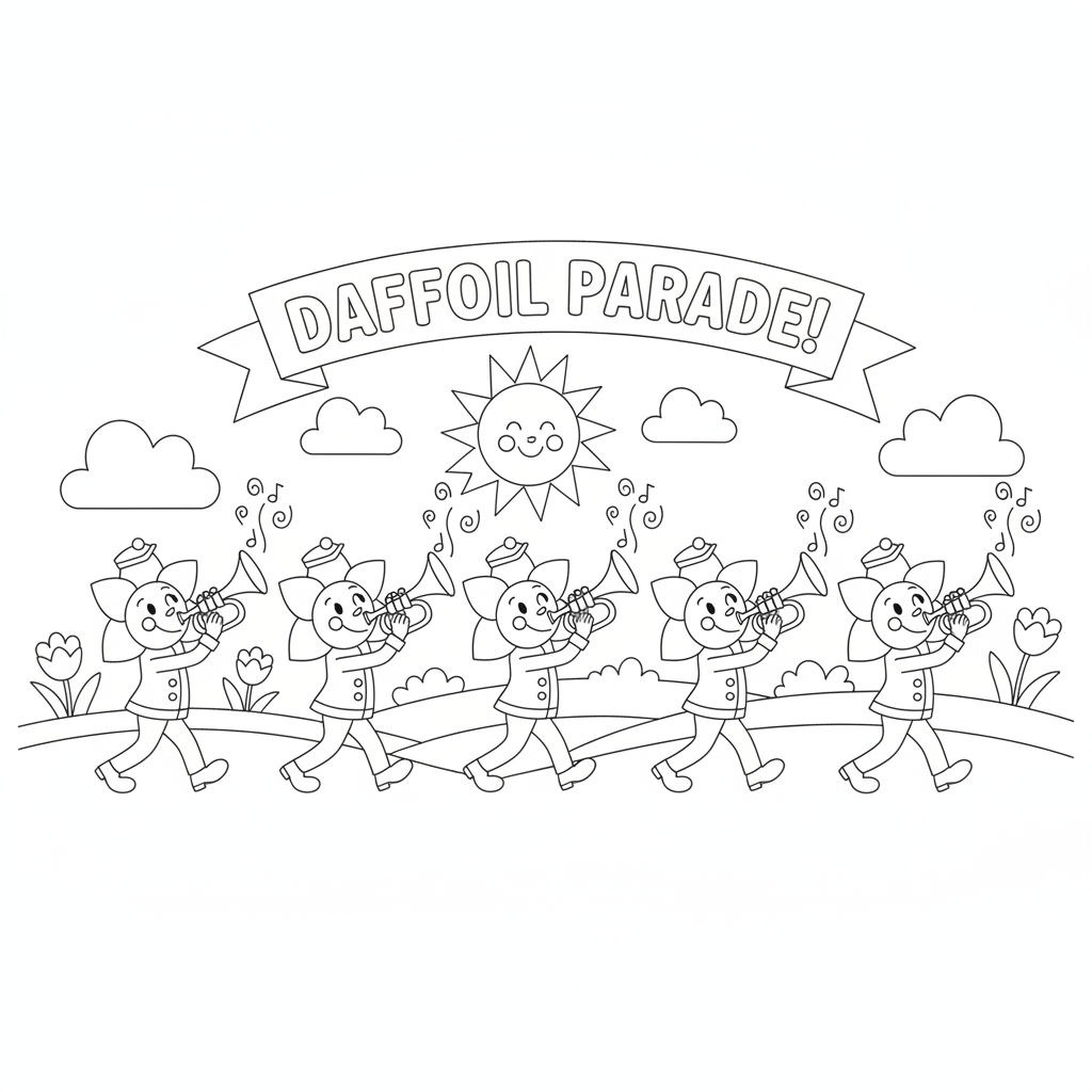 Flower coloring page showing a parade of marching daffodils playing trumpets