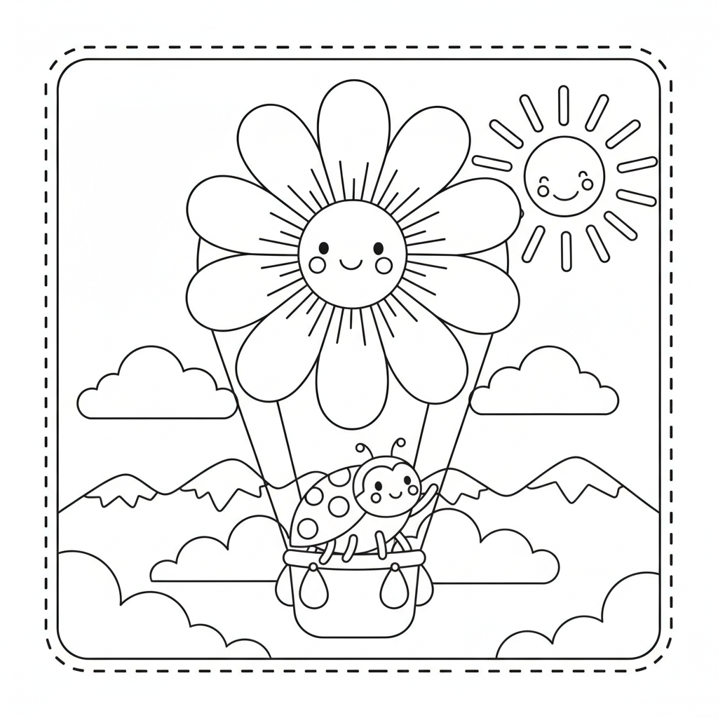 Flower coloring page showing a hot air balloon shaped like a flower carrying a ladybug passenger