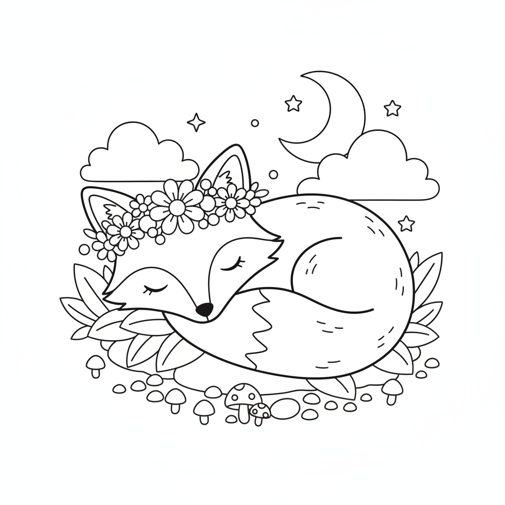 Flower coloring page showing a flower crown resting on the head of a sleeping fox