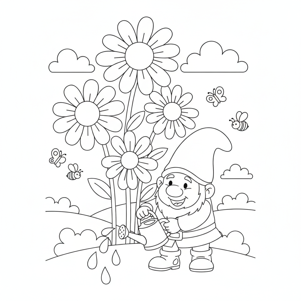 Flower coloring page showing a garden gnome watering giant daisies with a tiny watering can