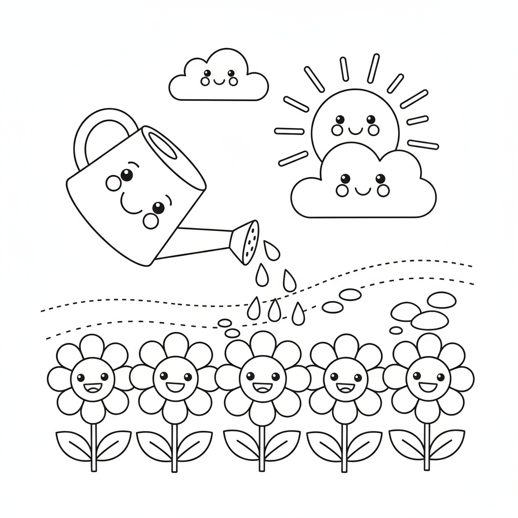 Flower coloring page showing a watering can sprinkling water over a row of happy smiling daisies
