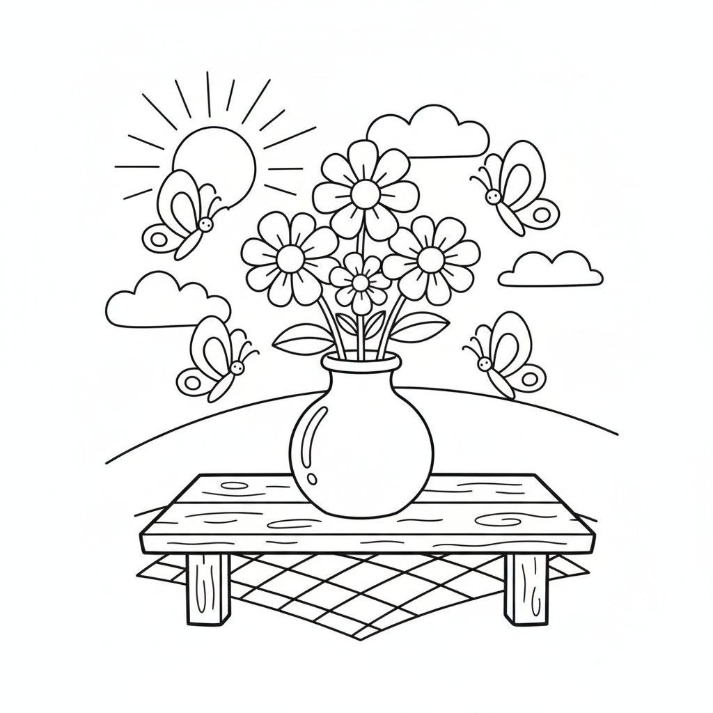 Flower coloring page showing a vase of wildflowers on a picnic table surrounded by butterflies