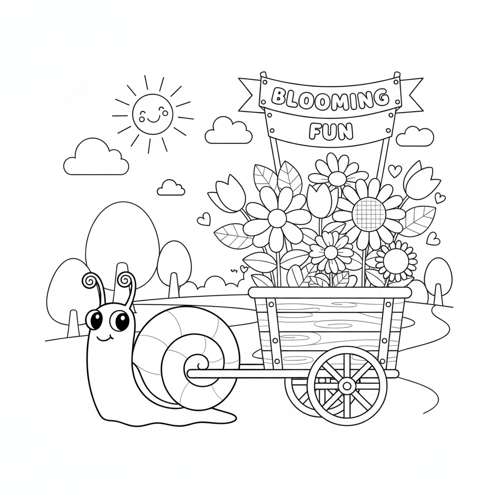 Flower coloring page showing a flower shop cart being pulled by a cheerful snail