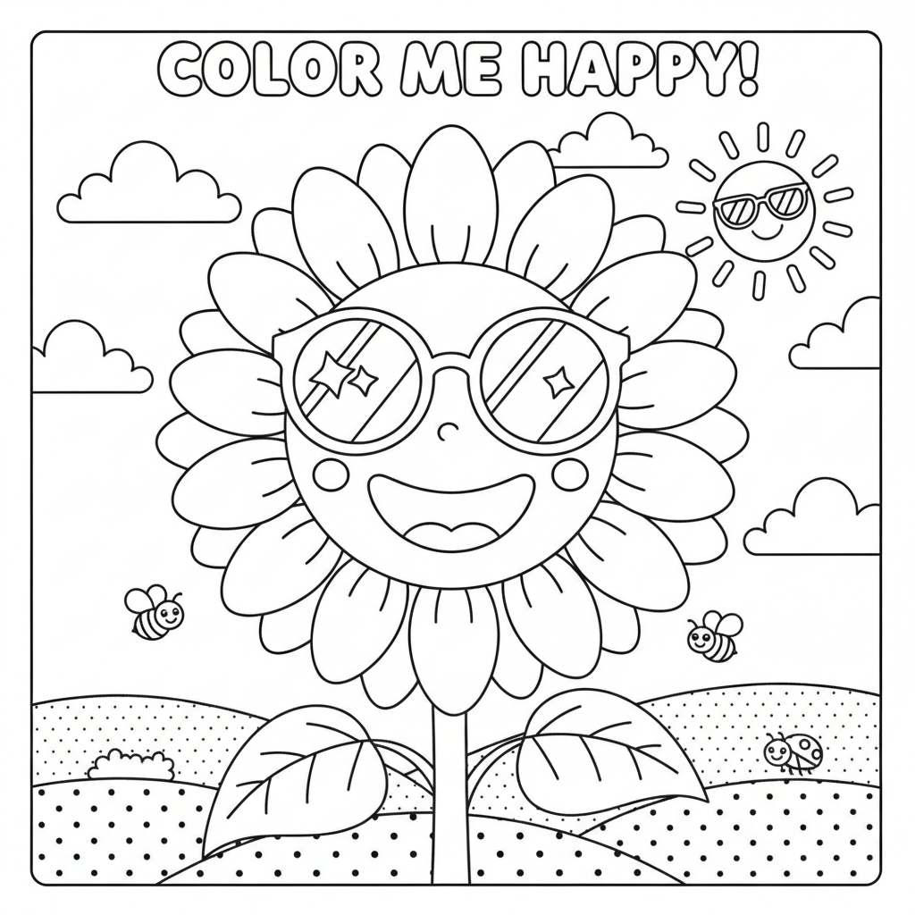 Flower coloring page showing a giant smiling sunflower wearing sunglasses