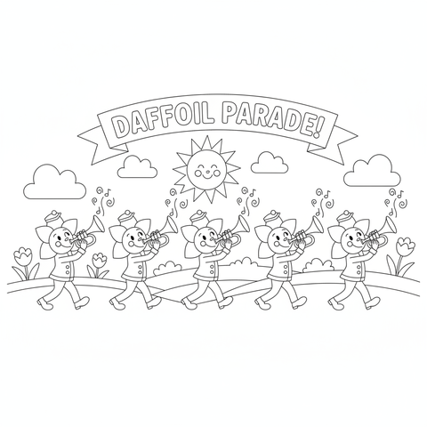 Flower coloring page: a parade of marching daffodils playing trumpets